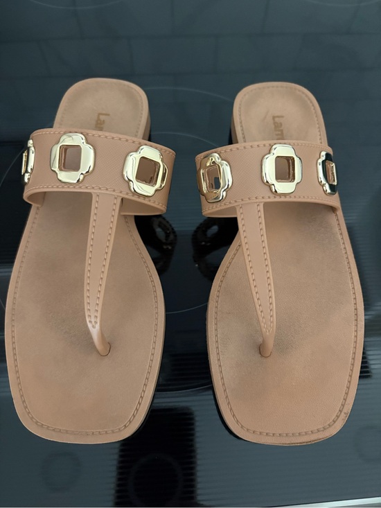 Larroude Shoes - Larroude Nude Tan Slide Sandals with Gold Accents